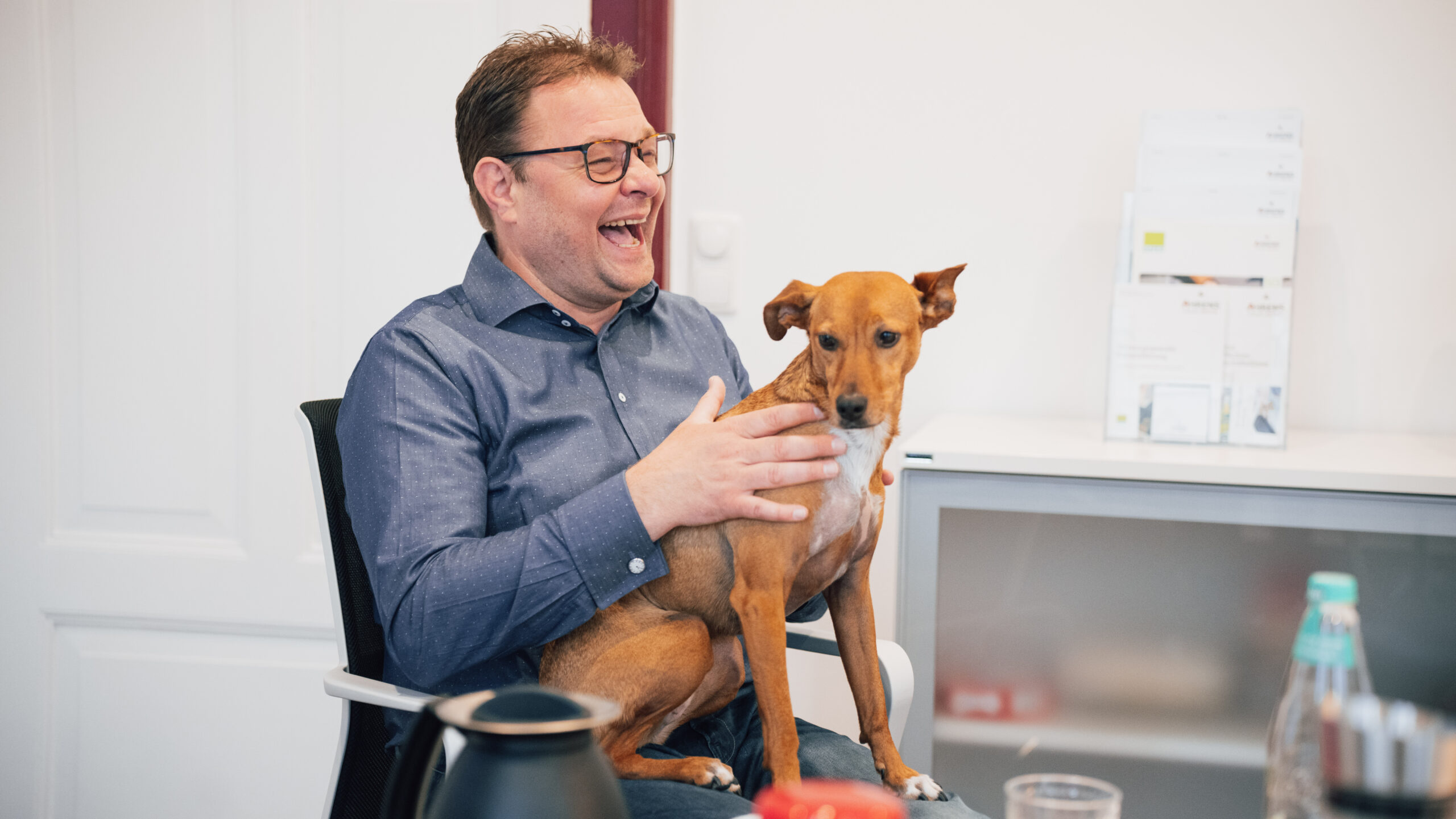 Ein Steuerberater der Ahrens Steuerberatungsgesellschaft mbH in Hermannsburg mit einem Hund auf dem Schoß – tierfreundliche und entspannte Arbeitsatmosphäre im Steuerbüro.